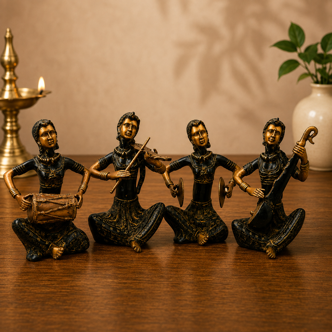 Handcrafted Brass Lady Musician Set of 4 – Traditional Brass Musical Figurines Orchestra Sculpture for Home Décor &amp; Luxury Gifting 12 Inch