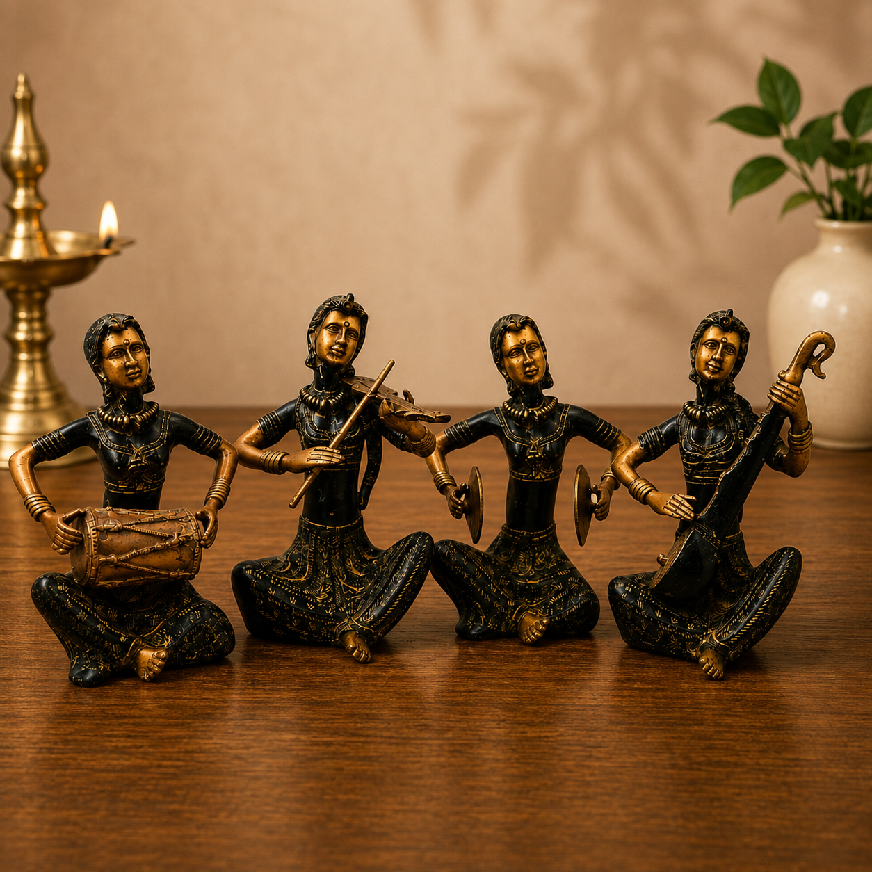 Handcrafted Brass Lady Musician Set of 4 – Traditional Brass Musical Figurines Orchestra Sculpture for Home Décor &amp; Luxury Gifting 12 Inch