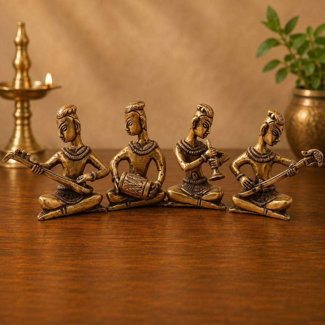 Handcrafted Brass Musician Set of 4 – Traditional Brass Musical Figurines Orchestra Sculpture for Home Décor &amp; Luxury Gifting 4 Inch