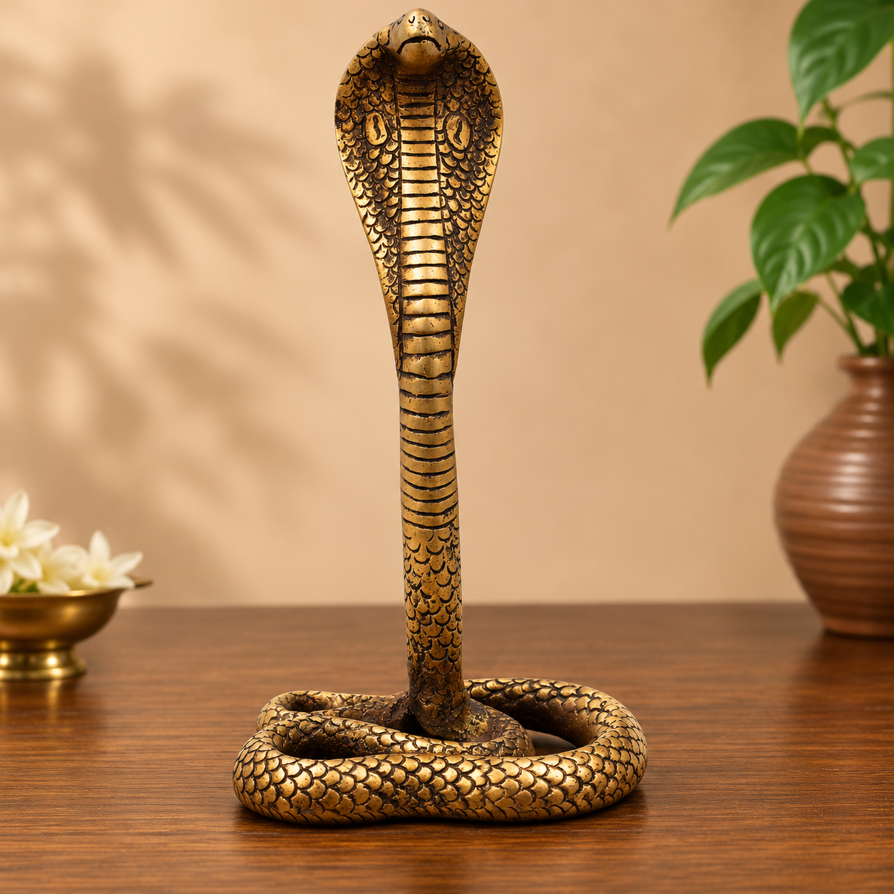 Brass Snake Handcrafted Naag Devta Idol – Handcrafted Naag Devta Murti for Pooja, Vastu, Home Mandir, Spiritual Décor &amp; Traditional Gifting 10.5 Inch