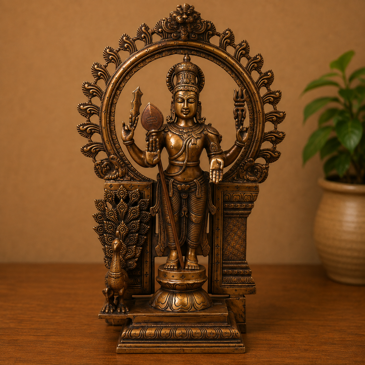 Brass Subramanya Murugan Kartikeya Idol – Fine Golden Finish Subrahmanya Skanda Kumaraswamy Murti for Puja &amp; Home Mandir 22 Inch