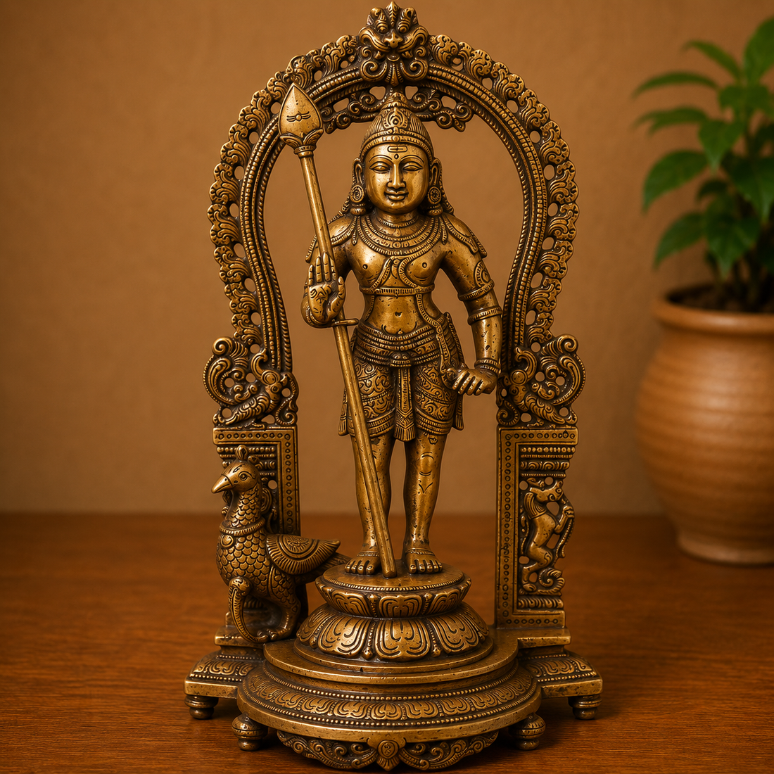 Brass Subramanya Murugan Idol – Fine Golden Finish for Puja &amp; Home Mandir 15 Inch