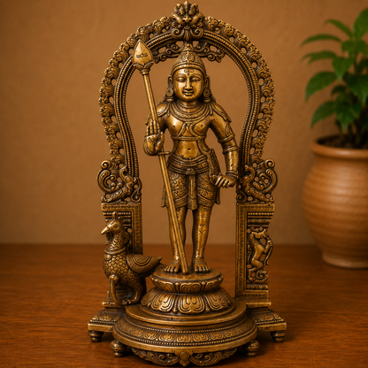 Brass Subramanya Murugan Idol – Fine Golden Finish for Puja &amp; Home Mandir 15 Inch