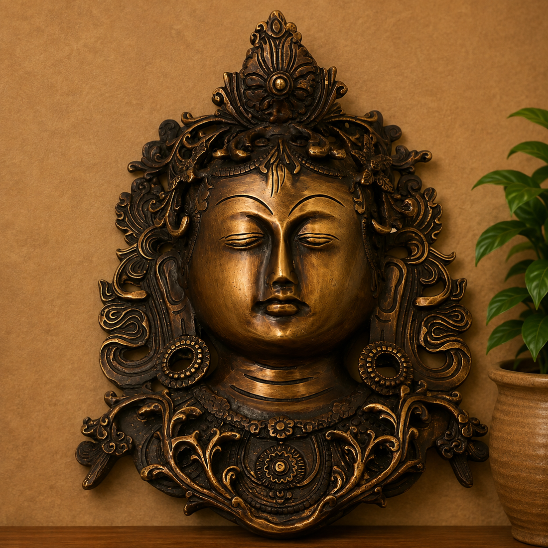 Handcrafted Brass Tara Devi Mask Wall Hanging – Handcrafted Mahavidya Goddess Face Wall Décor for Pooja, Home Mandir &amp; Spiritual Gifting 11.5 Inch
