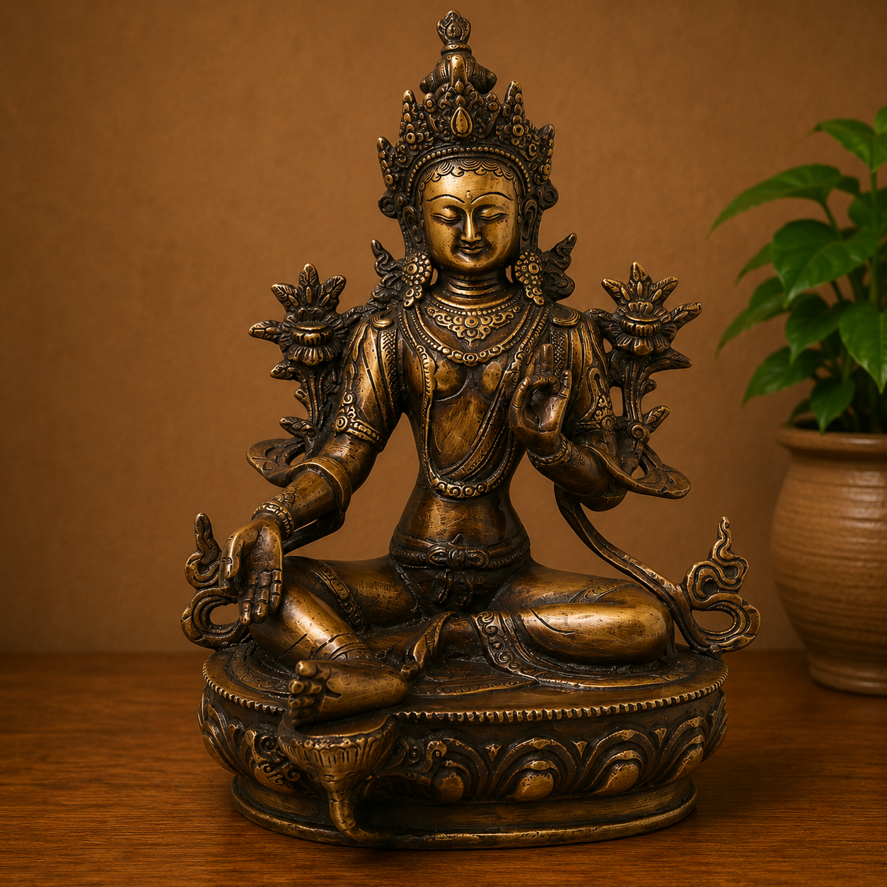 Brass Green Tara Devi Idol – Handcrafted Traditional Unique Chola Style Tara Maa Murti for Pooja, Home Mandir, Spiritual Décor &amp; Gifting 13.5 Inch