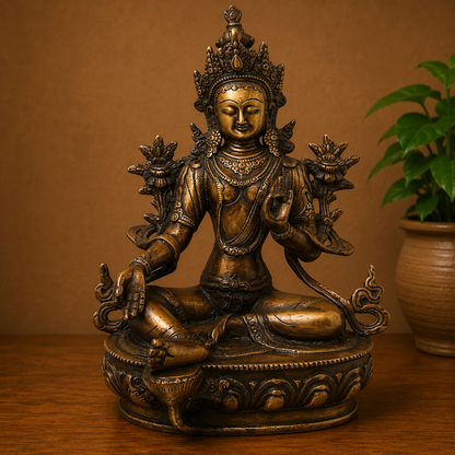 Brass Green Tara Devi Idol – Handcrafted Traditional Unique Chola Style Tara Maa Murti for Pooja, Home Mandir, Spiritual Décor &amp; Gifting 13.5 Inch