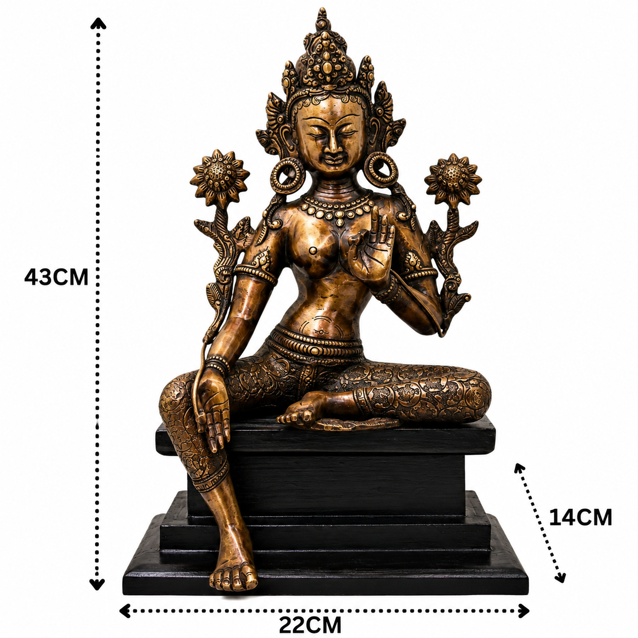 Brass Maa Tara Idol Murti on Wooden Stand – Handcrafted Mahavidya Tara Devi Statue for Pooja, Home Mandir, Spiritual Décor &amp; Gifting 17 Inch
