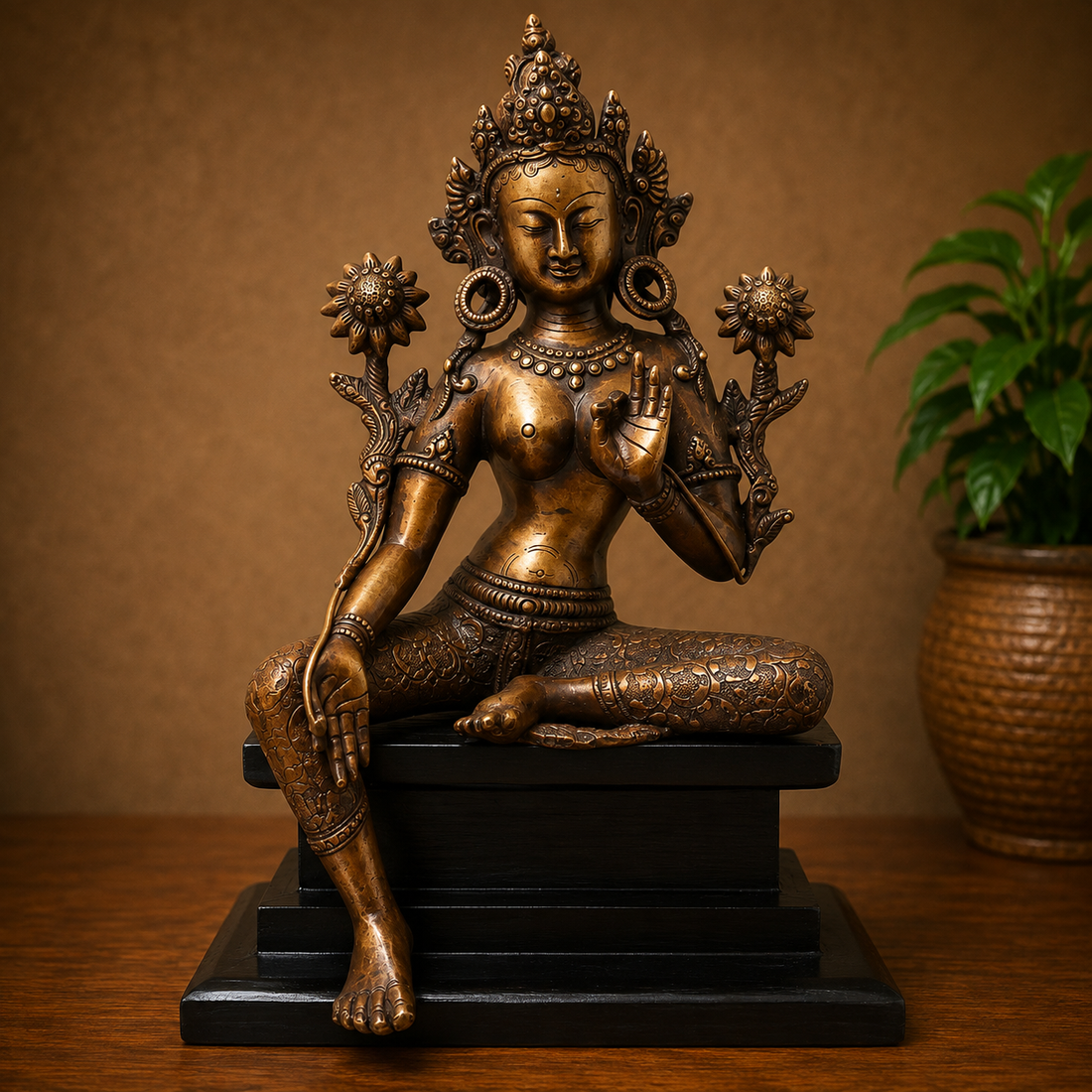 Brass Maa Tara Idol Murti on Wooden Stand – Handcrafted Mahavidya Tara Devi Statue for Pooja, Home Mandir, Spiritual Décor &amp; Gifting 17 Inch