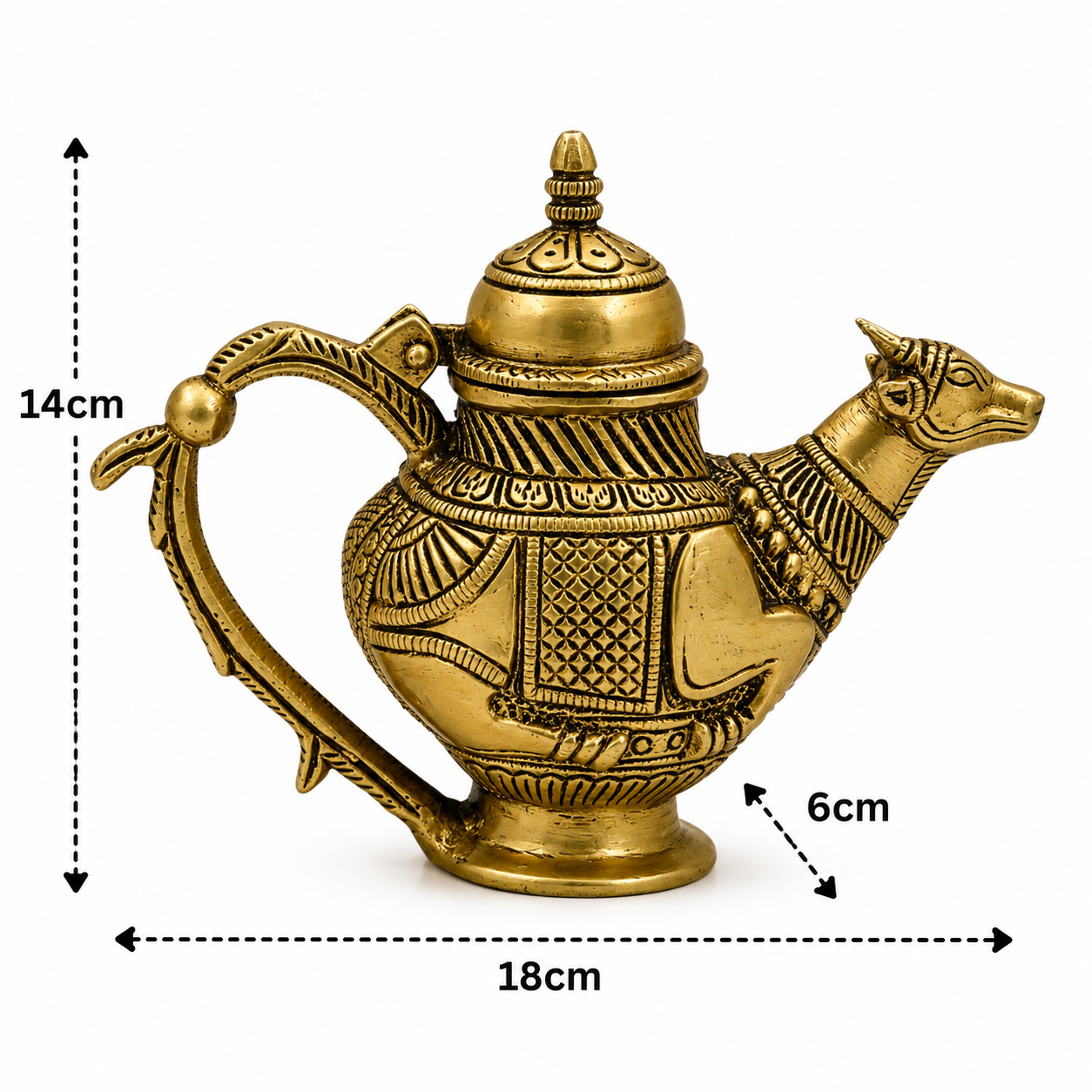 Brass Ganga Jali Water Kamandal with Cow Face – Pital Gangajali Kamandal for Puja, Ganga Jal Storage, Rishi Muni Kalash &amp; Hindu Rituals 5.5 Inch