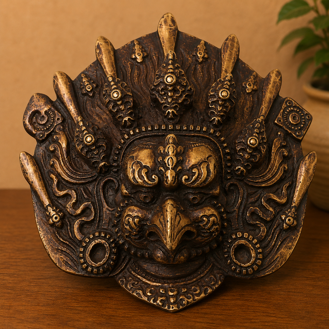 Brass Kala Bhairava Face Mask Wall Hanging – Traditional Bhairav Mukh Wall Décor for Pooja, Vastu, Temple &amp; Spiritual Gifting 5 Inch