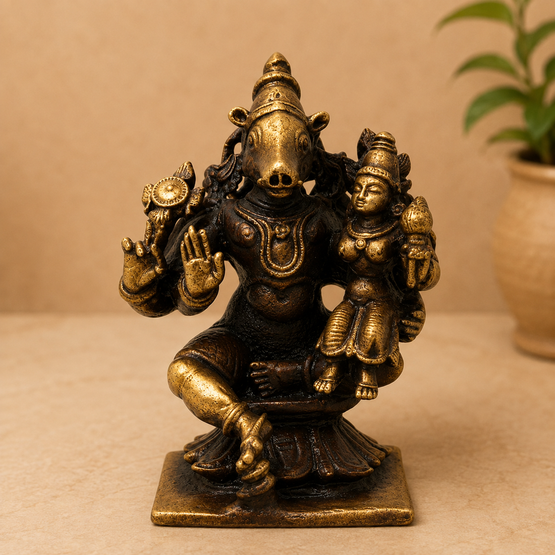 Brass Lakshmi Narasimha Idol – Traditional Narahari Murti for Pooja, Home Mandir, Spiritual Décor &amp; Gifting 3 Inch