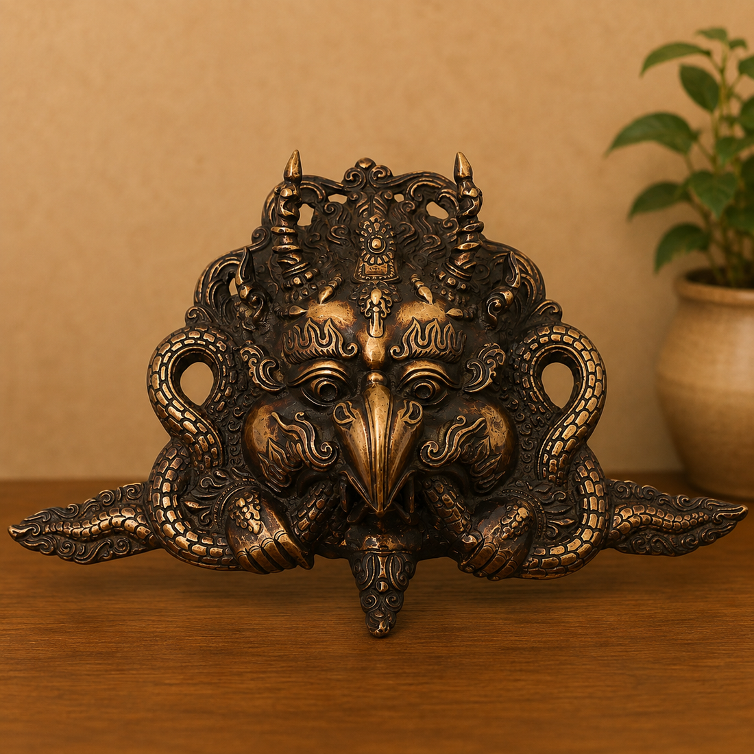 Handcraftedd Brass Garuda Face Wall Hanging – Handcrafted Vishnu Vahana Garuda Mask for Temple, Home Mandir, Spiritual Décor &amp; Gifting 7.5 Inch