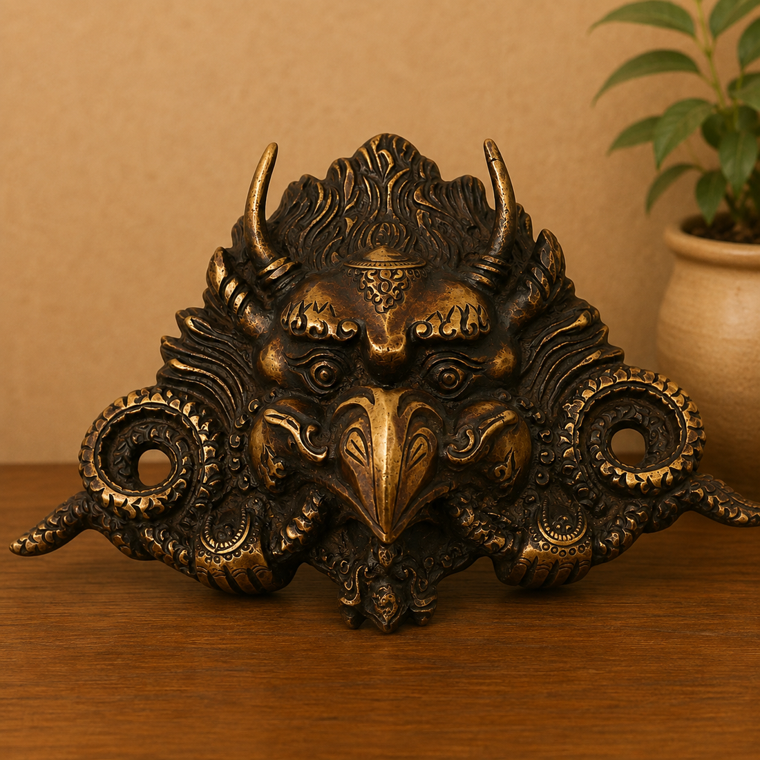 Brass Garuda Mask Wall Hanging – Handcrafted Vishnu Vahana Garuda Mask for Temple, Home Mandir, Spiritual Décor &amp; Gifting 4.5 Inch