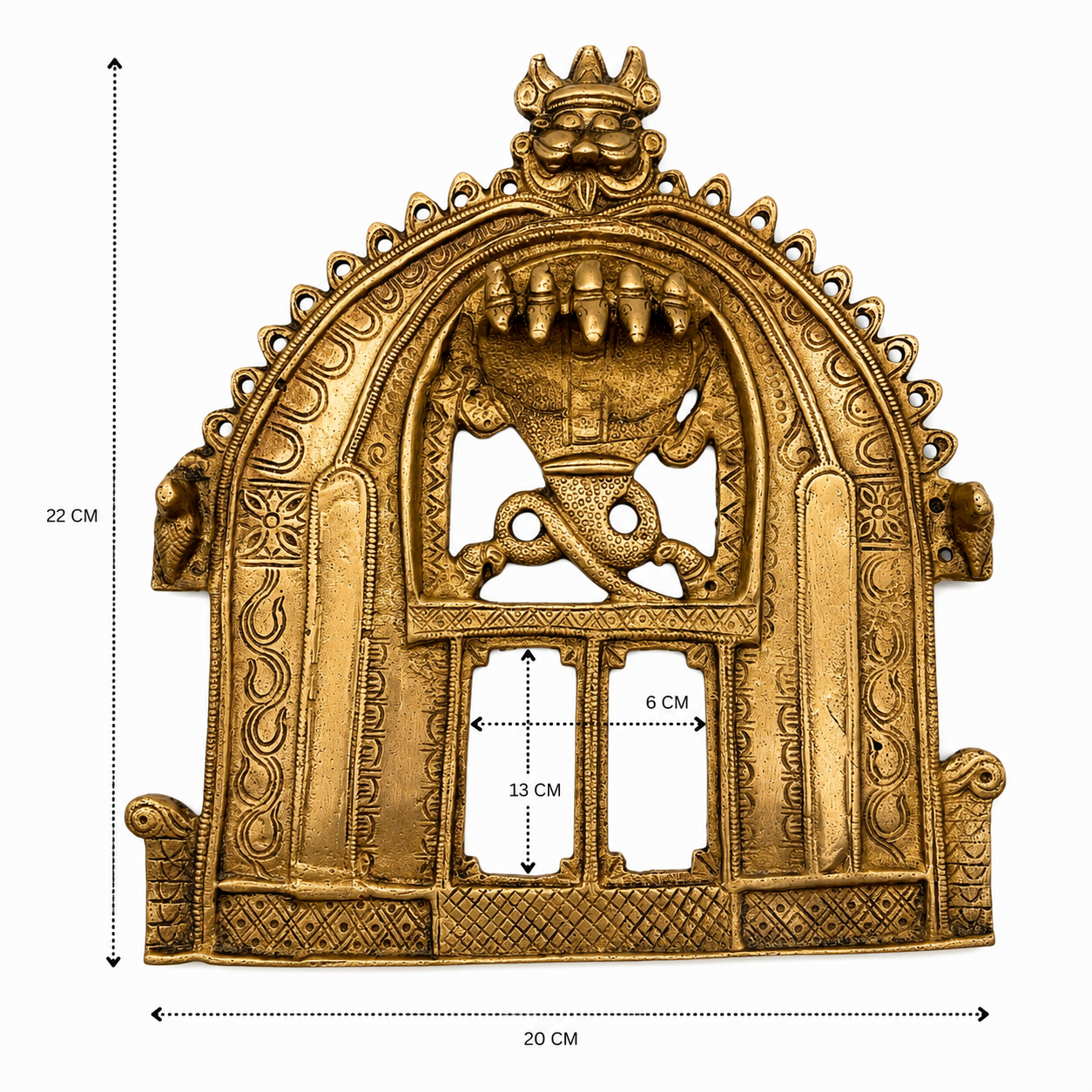 Antique Brass Temple Arch Frame with Mythical Motifs 9 Inch