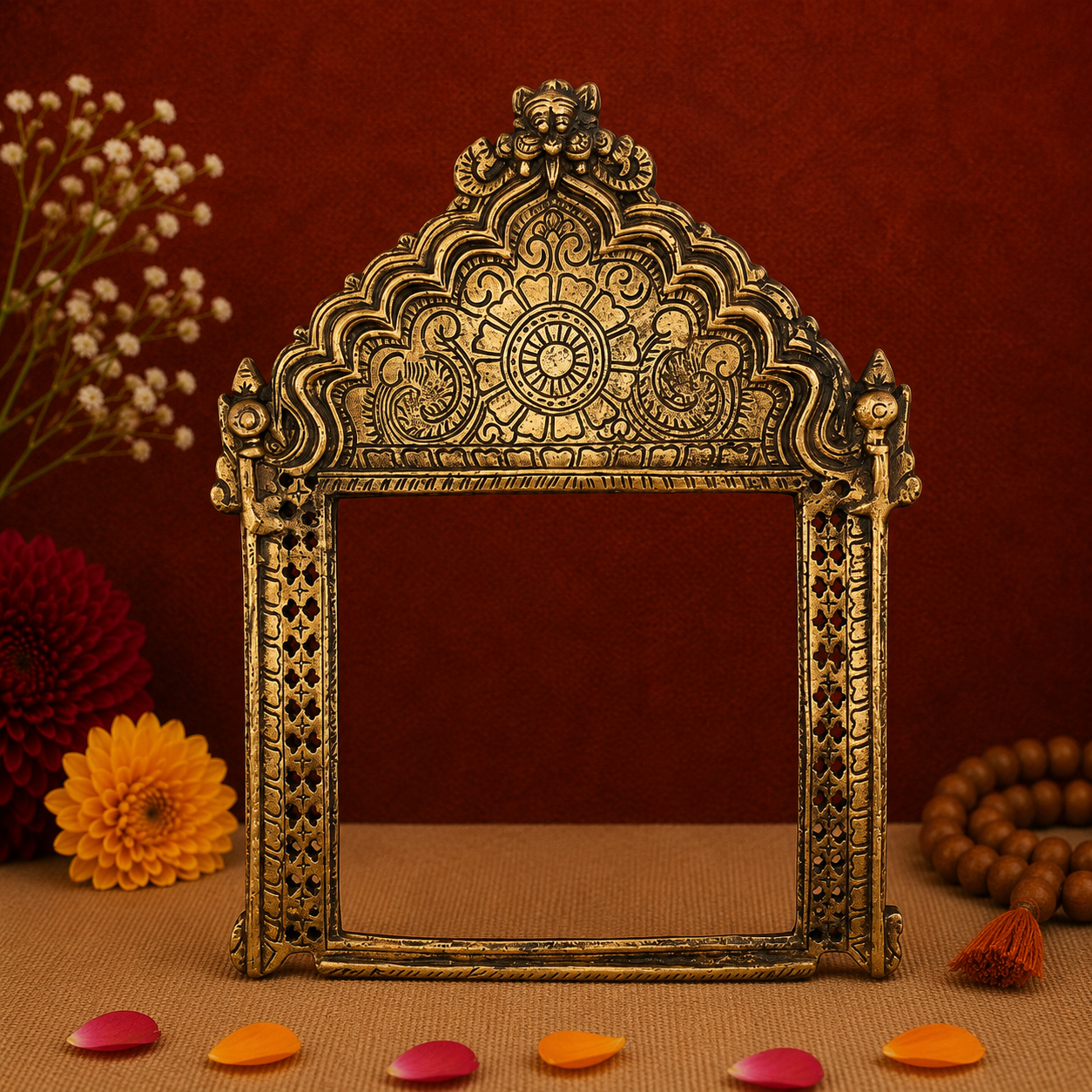 Antique Brass Temple Frame with Ornamental Design 11 Inch