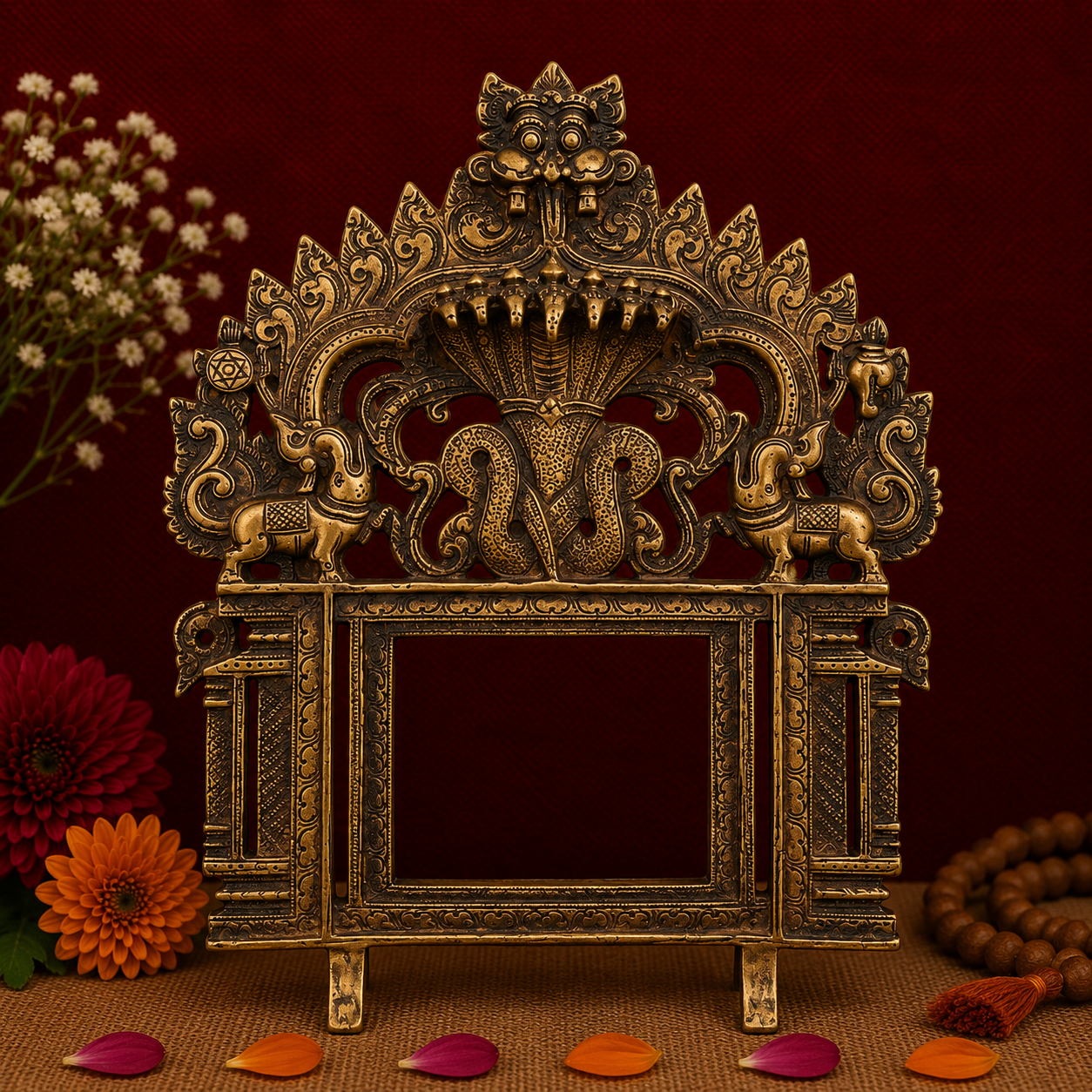 Antique Brass Temple Arch Frame with Mythical Motifs 11.5 Inch