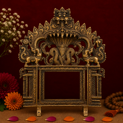 Antique Brass Temple Arch Frame with Mythical Motifs 11.5 Inch