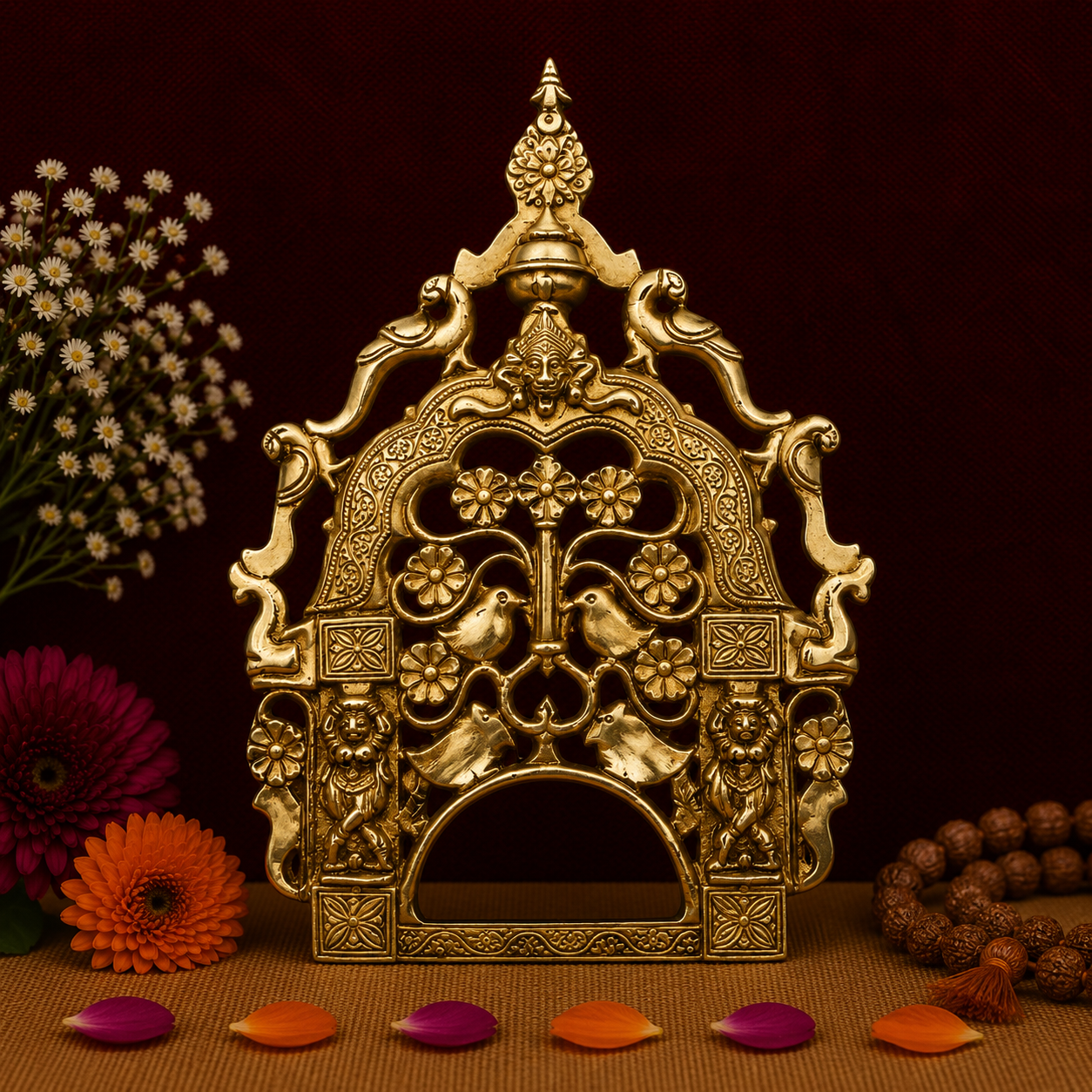 Intricately Crafted Antique Brass Temple Top Frame 14 Inch