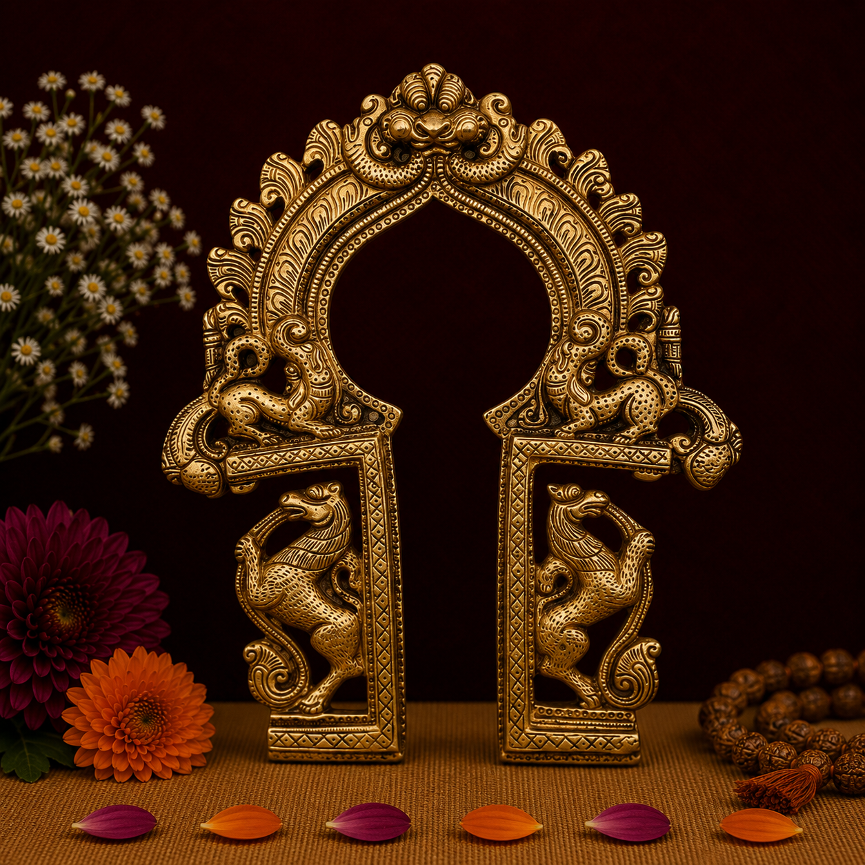 Antique Brass Peacock Temple Arch Frame 10 Inch