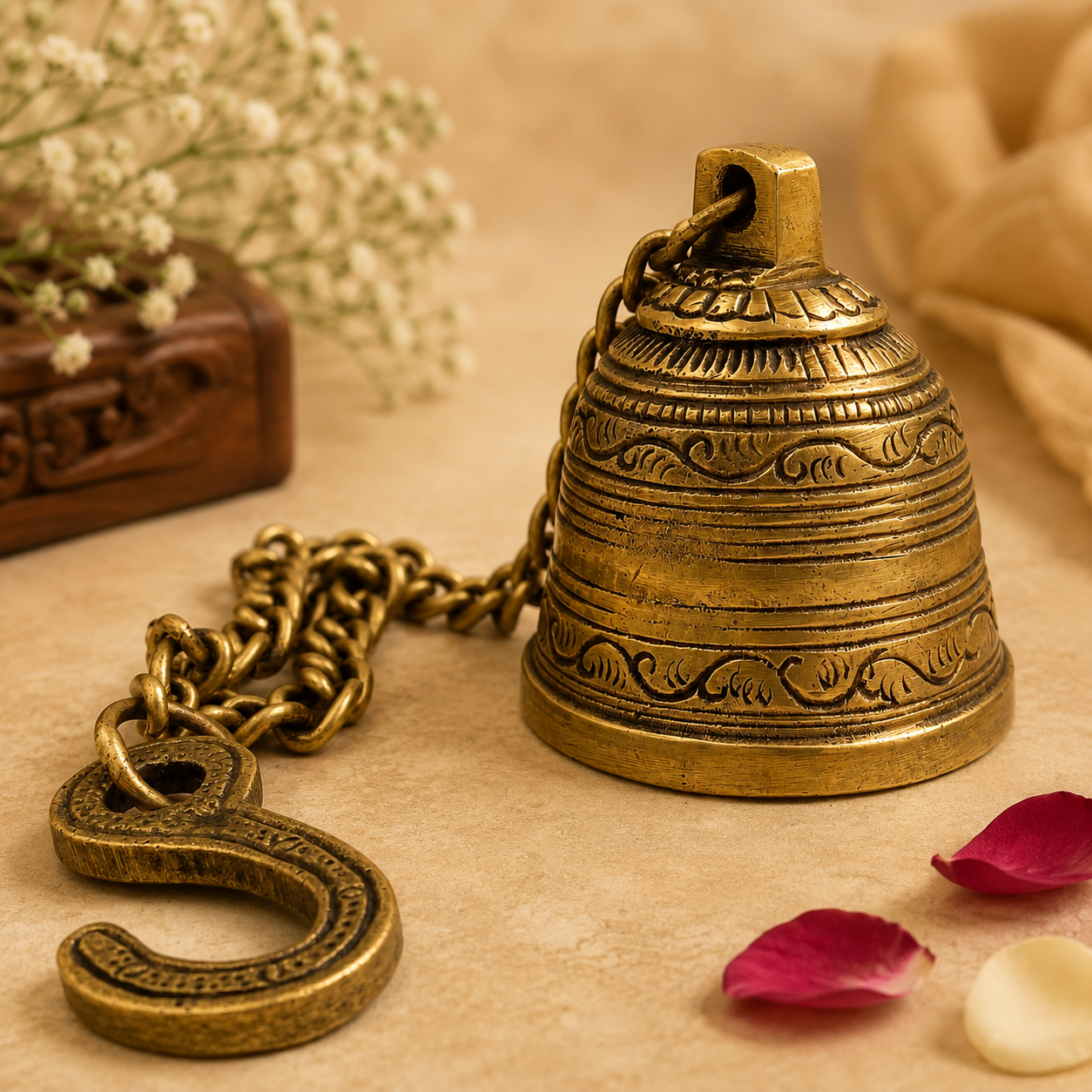 Brass Temple Bell with Chain 3 Inch