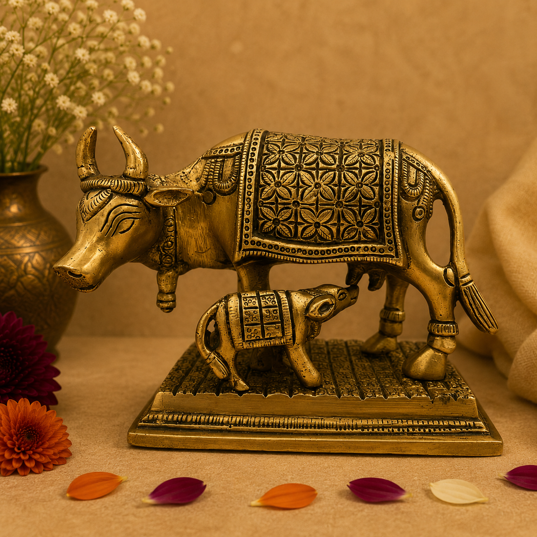 Sacred Brass Cow and Calf Figurine 5 inch
