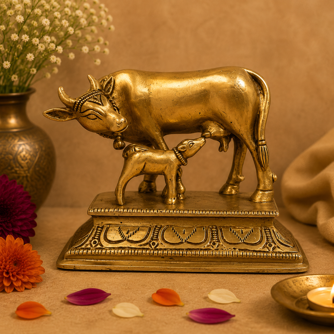 Sacred Brass Cow and Calf Statue 4.5 Inch