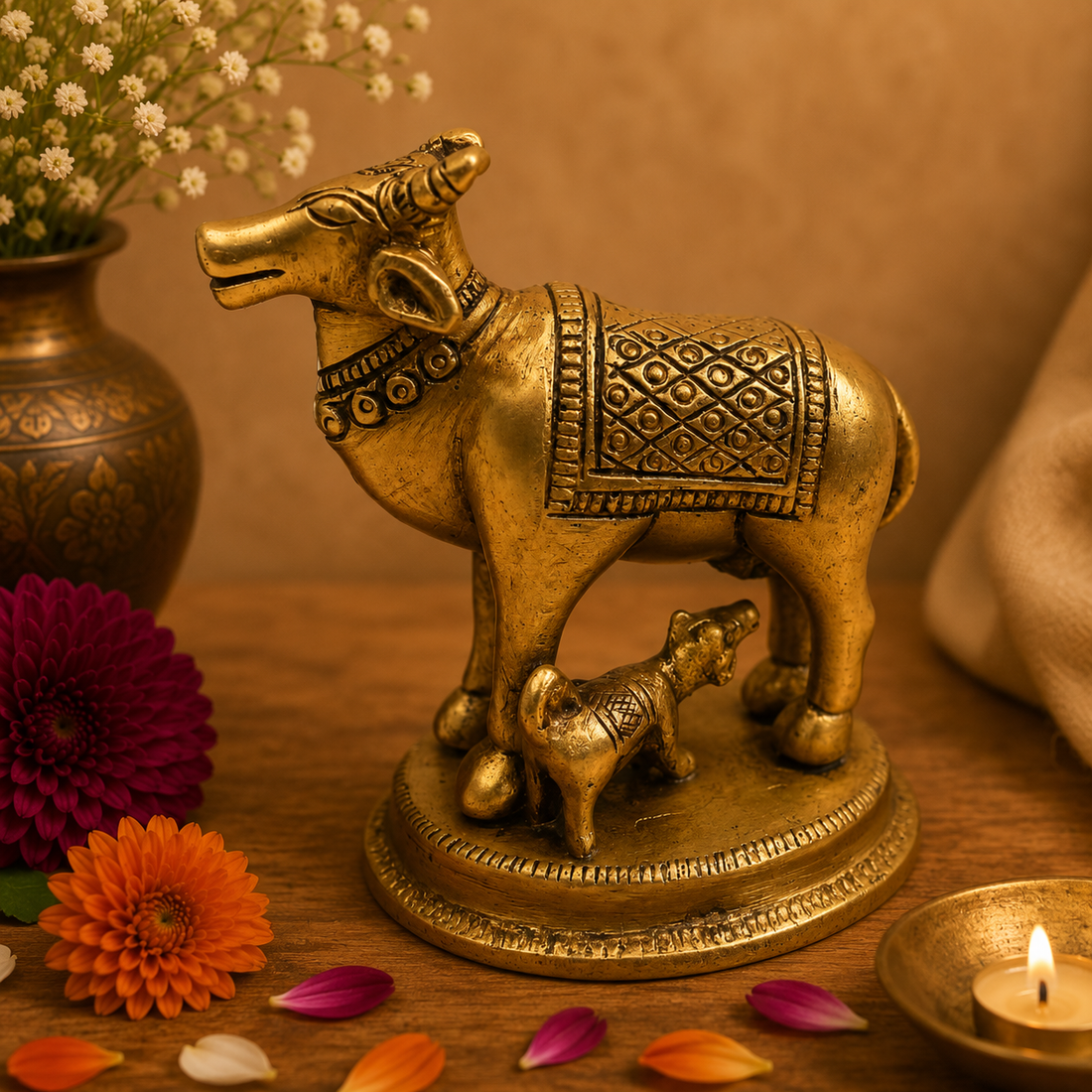Brass Cow and Calf Figurine 4 Inch
