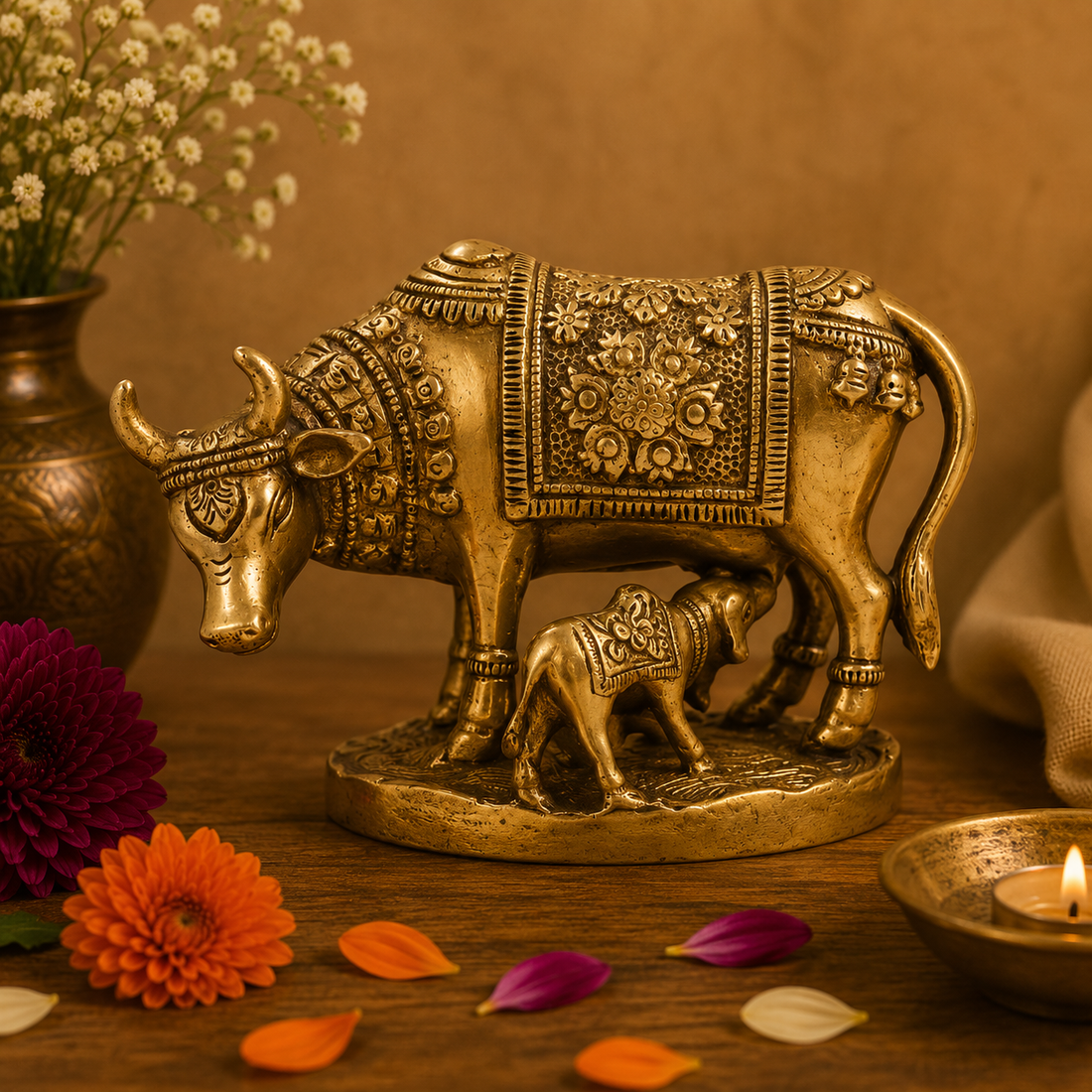 Sacred Brass Cow and Calf Statue 3.5 Inch
