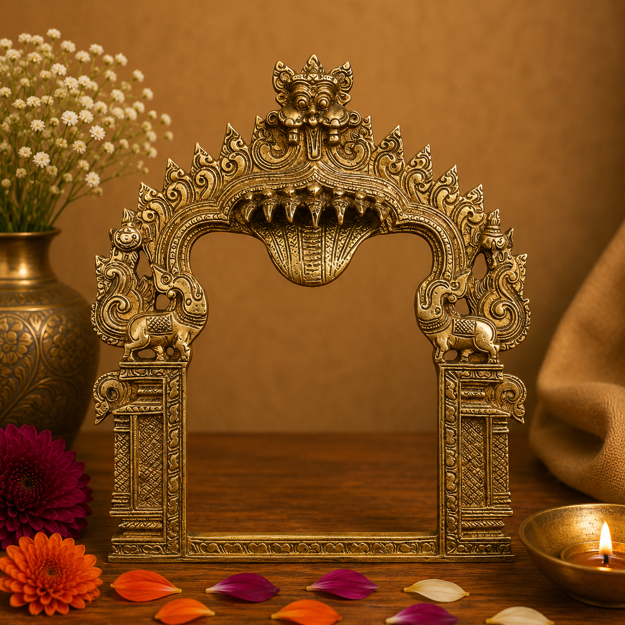Traditional Brass Lion-Guarded Arch Frame 10.5 Inch