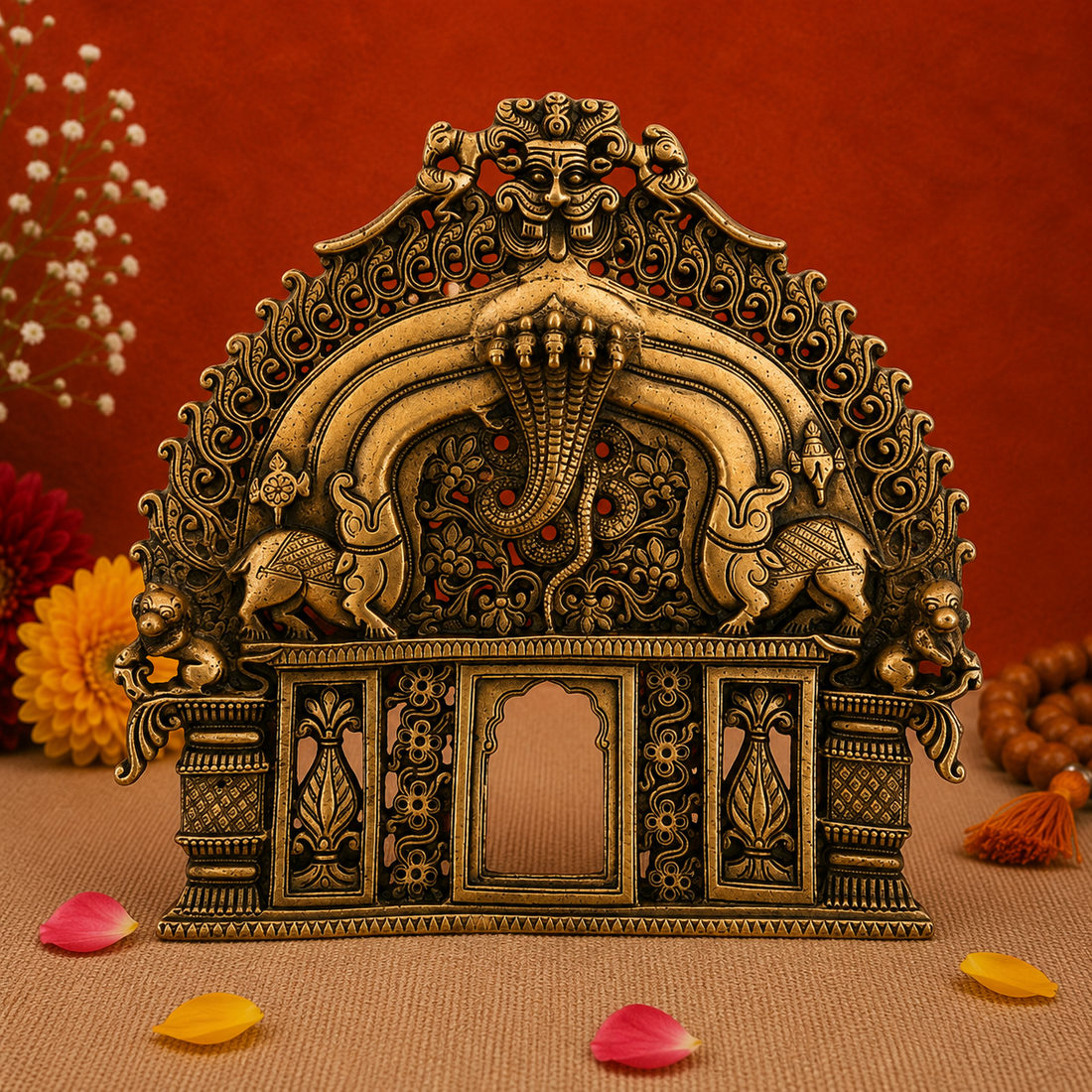 Ornate Brass Arch Frame with Mythological Motifs 8 Inch