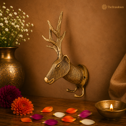 Handcrafted Brass Deer Head Wall Hook 10 Inch