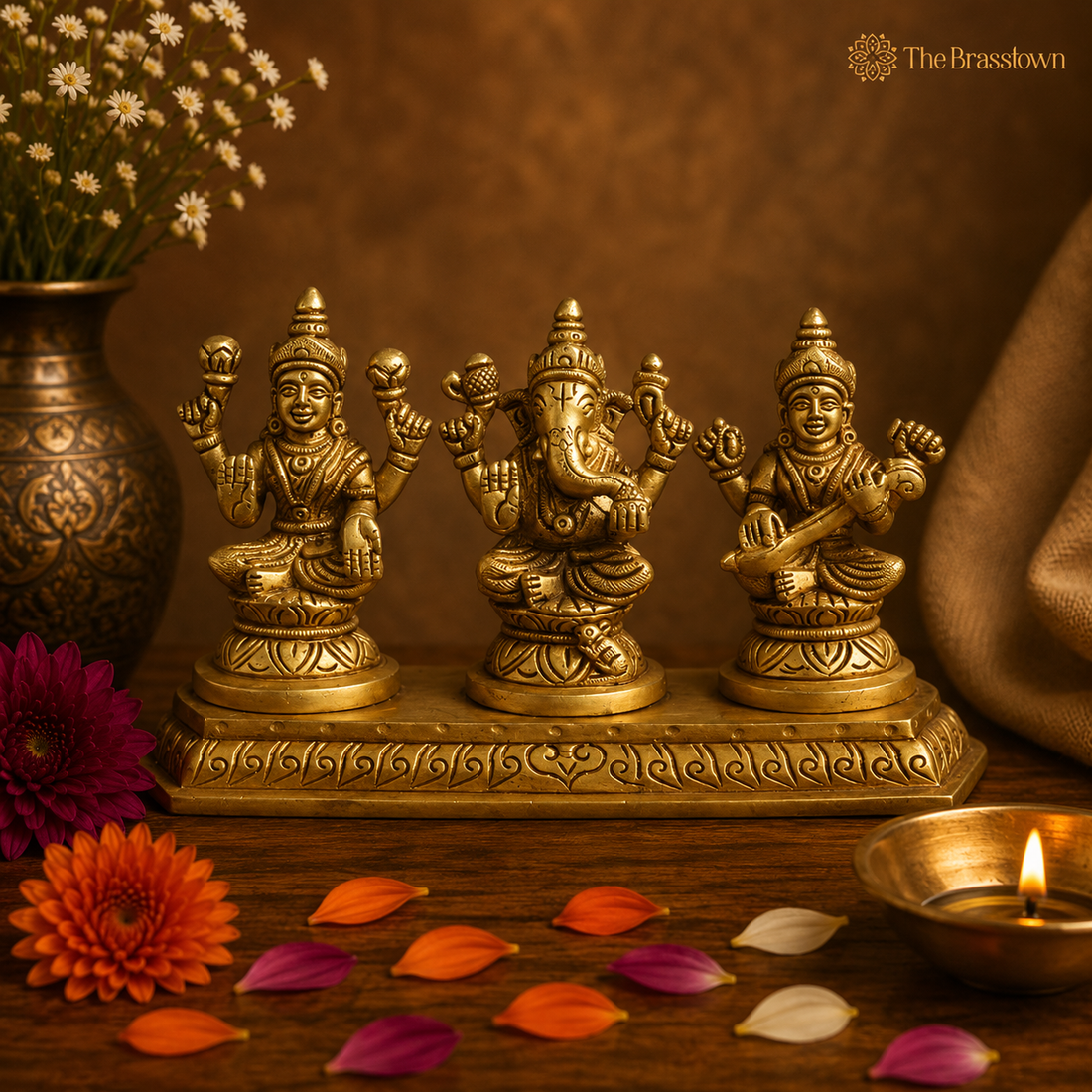 Brass Lakshmi, Ganesha, and Saraswati Idol Set with Base 4 Inch