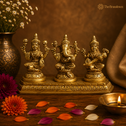 Brass Lakshmi, Ganesha, and Saraswati Idol Set with Base 4 Inch