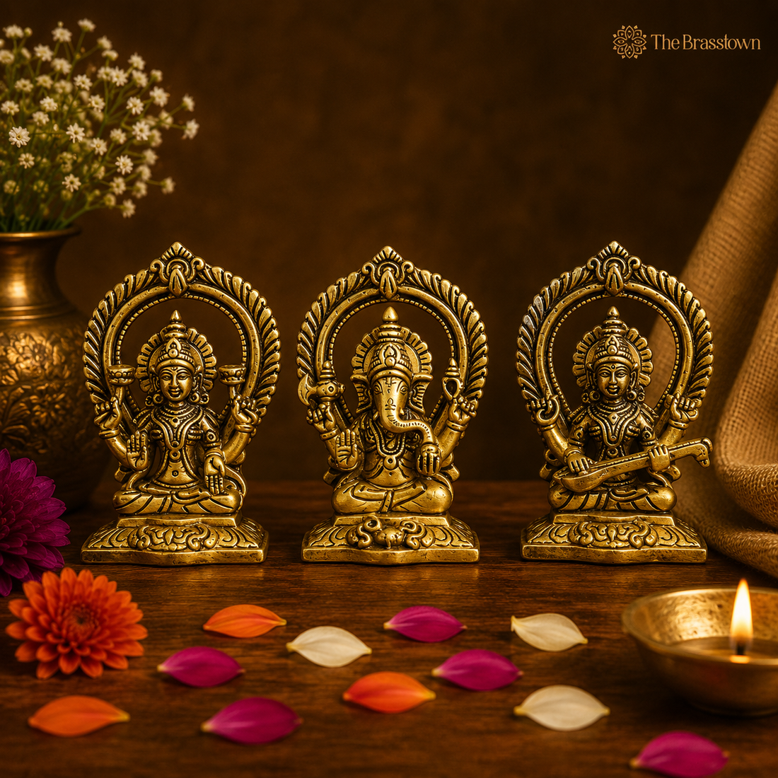 Brass Lakshmi, Ganesha, and Saraswati Idol Set 5.5 Inch