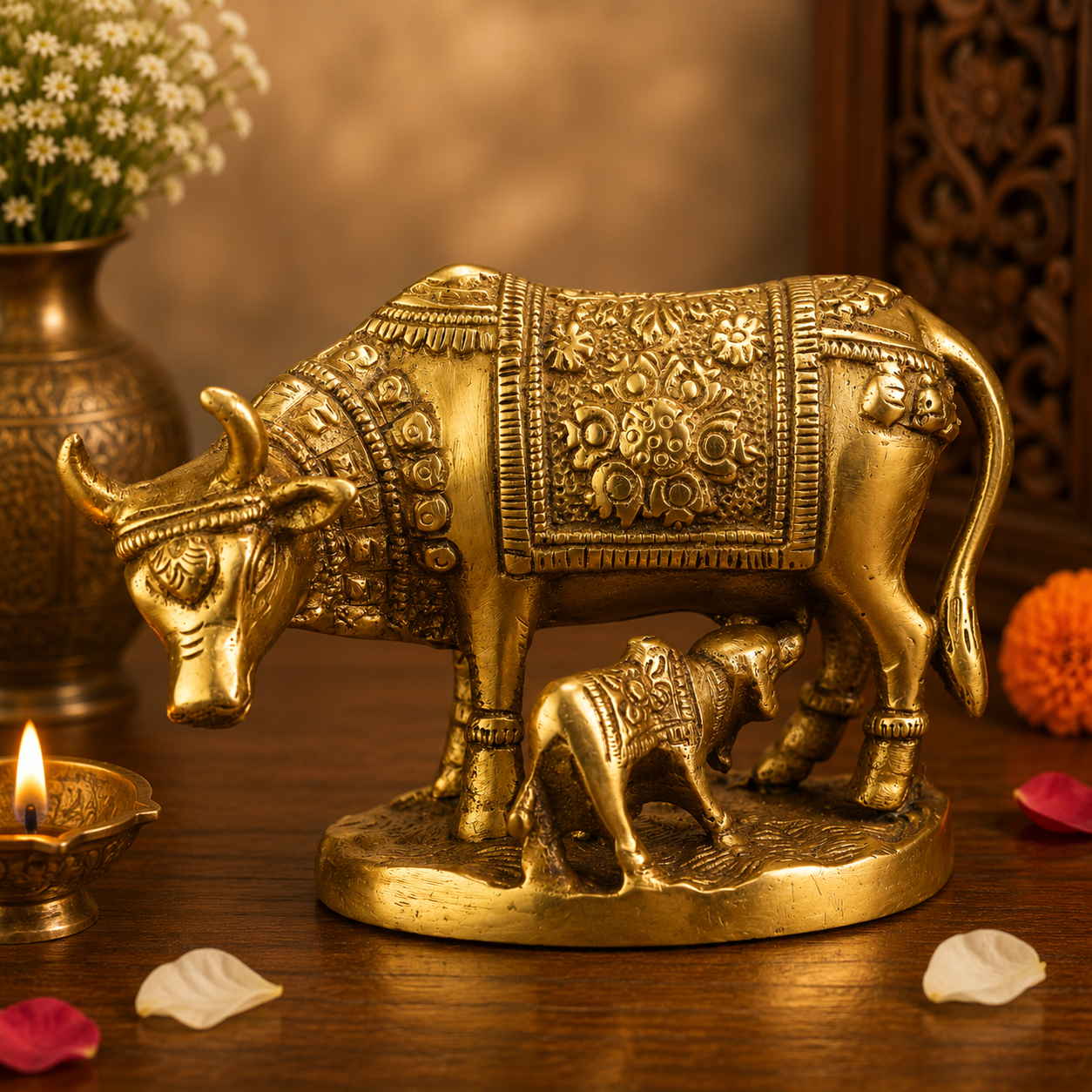 Handcrafted Brass Cow with Calf 3.5 Inch
