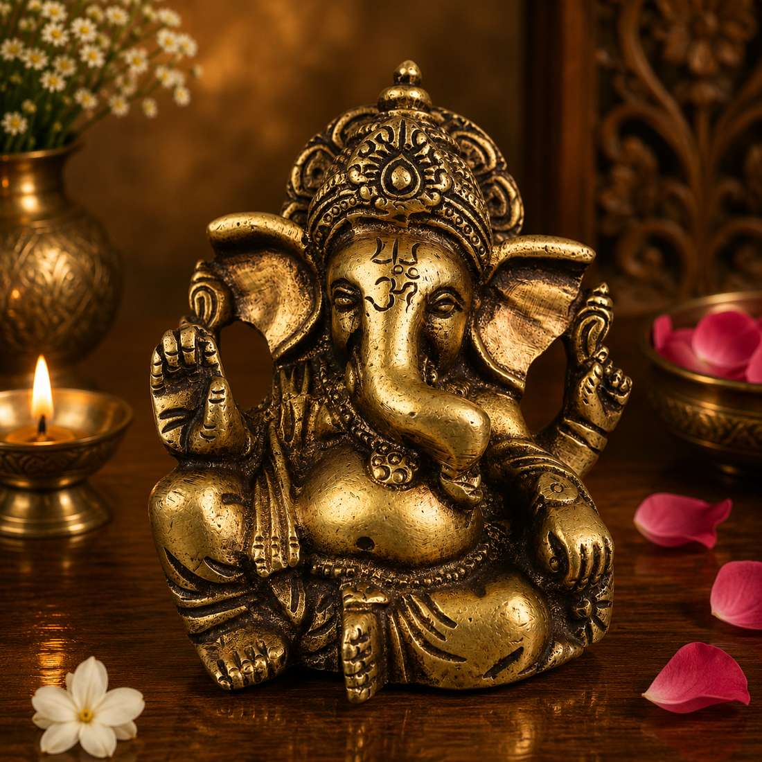 Handcrafted Traditional Ganesha Idol –Handcrafted Traditional Unique Style Ganapati Vinayaka Murti for Pooja, Home Mandir, Décor &amp; Gifting 4 Inch