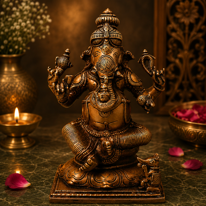 Handcrafted Brass Sitting Ganpati Bappa Idol – Lord Ganesha Murti (Vinayaka) for Puja, Home Mandir &amp; Décor 9.5 Inch