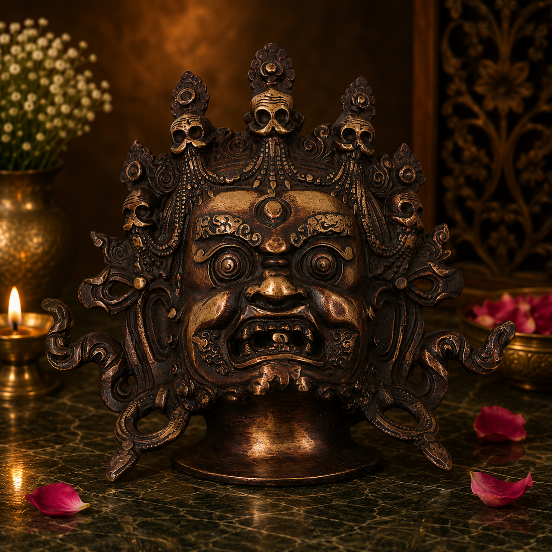 Brass Kala Bhairava Face Wall Hanging – Traditional Bhairavnath Mukh Wall Décor for Pooja, Vastu, Temple &amp; Spiritual Gifting 7.5 Inch
