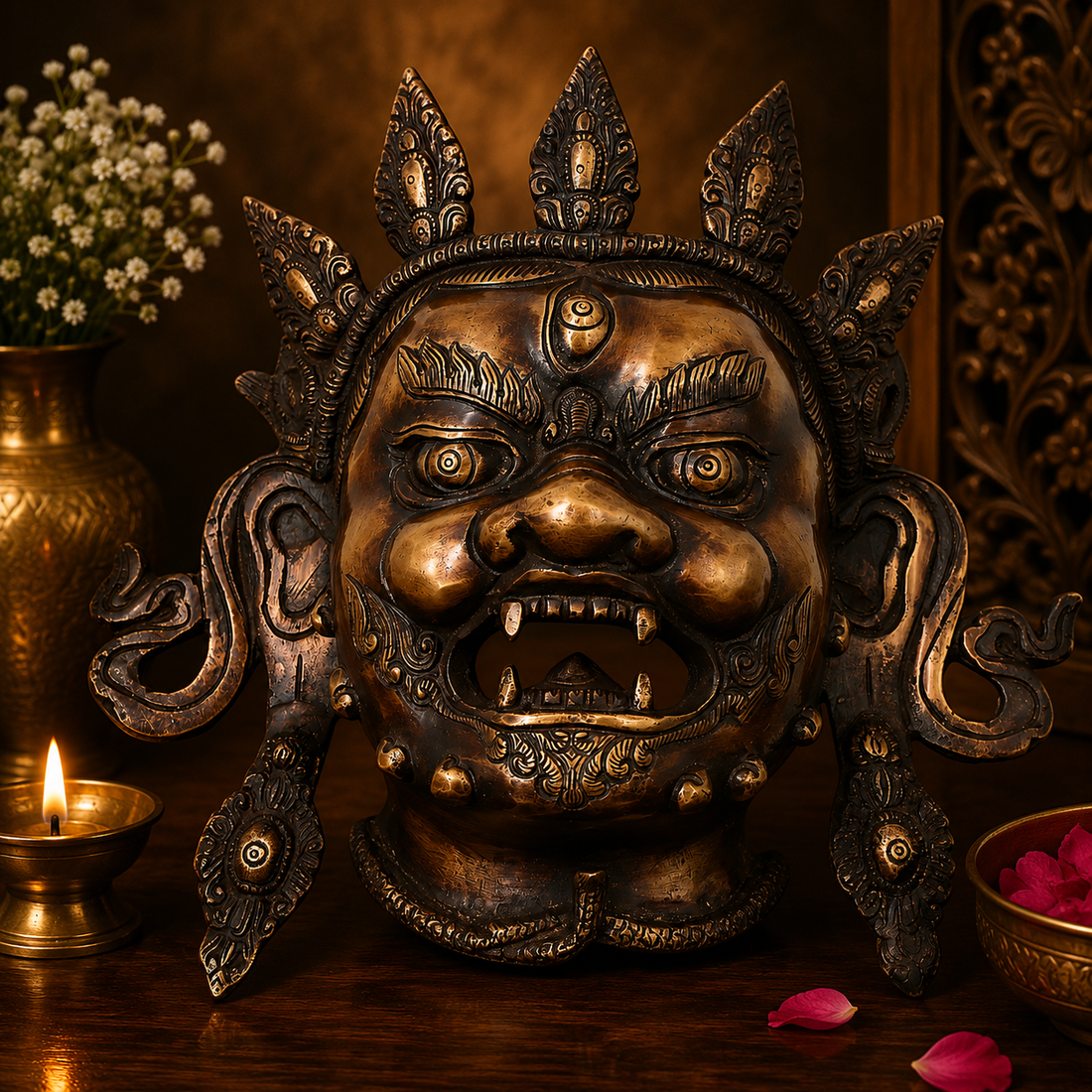 Handcrafted Brass Kala Bhairava Face Mask Wall Hanging – Traditional Bhairav Mukh Wall Décor for Pooja, Vastu, Temple &amp; Spiritual Gifting 10.5 Inch