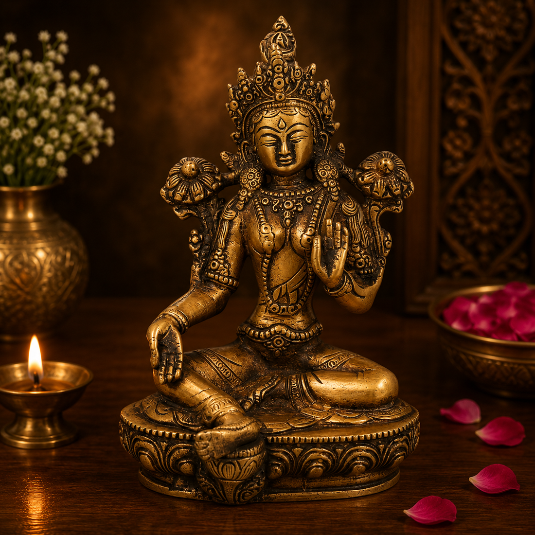 Brass Tara Devi Idol – Handcrafted Traditional Chola Style Tara Maa Murti for Pooja, Home Mandir, Spiritual Décor &amp; Gifting 8.5 Inch