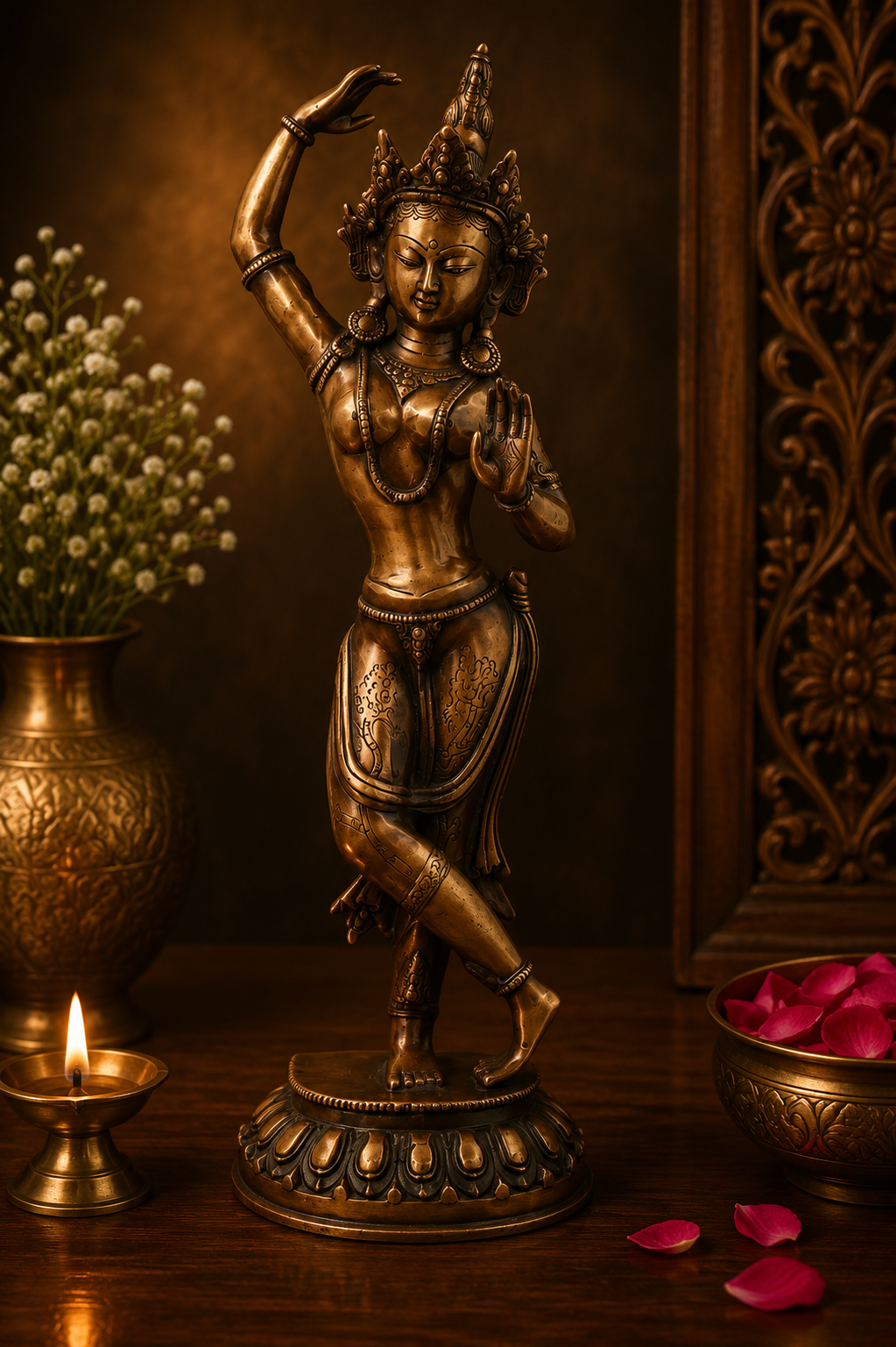 Brass Standing Tara Devi Idol – Handcrafted Traditional Chola Style Tara Maa Murti for Pooja, Home Mandir, Spiritual Décor &amp; Gifting 20.5 Inch