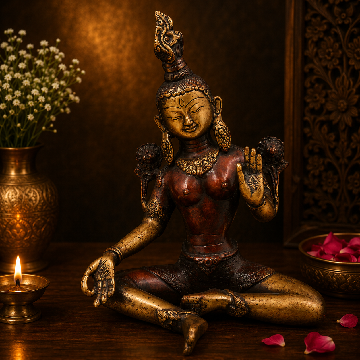 Brass Sitting Tara Devi Idol – Handcrafted Traditional Unique Style Tara Maa Murti for Pooja, Home Mandir, Spiritual Décor &amp; Gifting 11 Inch