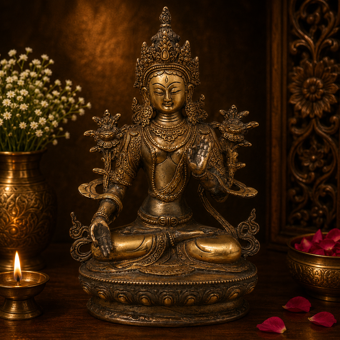 Brass Tara Devi Idol – Handcrafted Traditional Unique Chola Style Tara Maa Murti for Pooja, Home Mandir, Spiritual Décor &amp; Gifting 12.5 Inch
