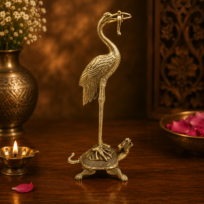 Handcrafted Brass Crane and Turtle Sculpture 10.5 Inch