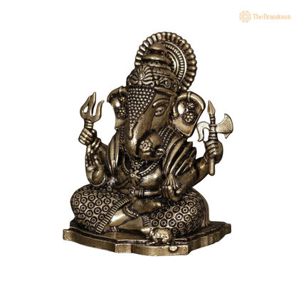 Brass Sitting Ganesha Idol 3 Inch closeup – intricate craftsmanship