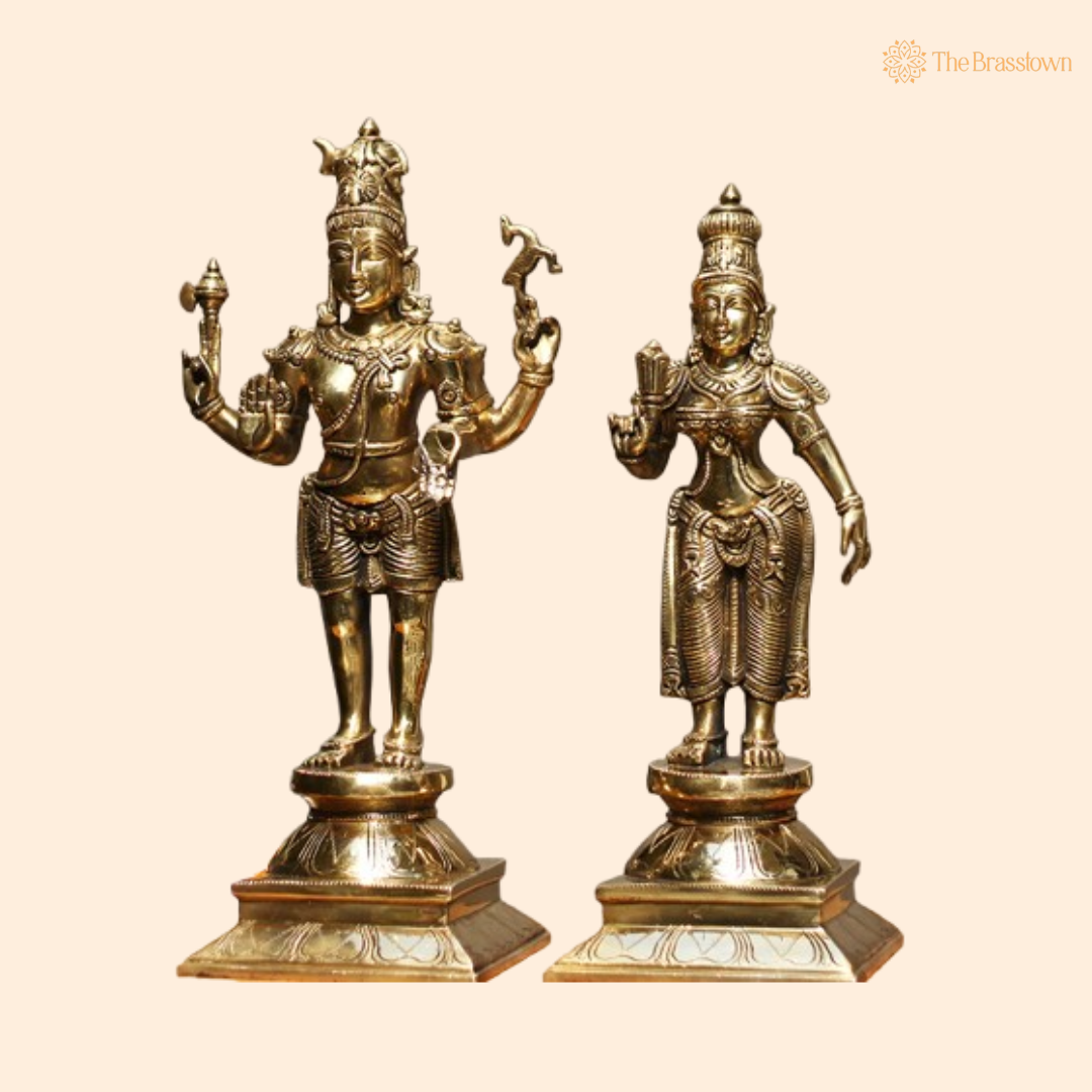 Divine Brass Lord Shiva and Goddess Parvati Statue Set