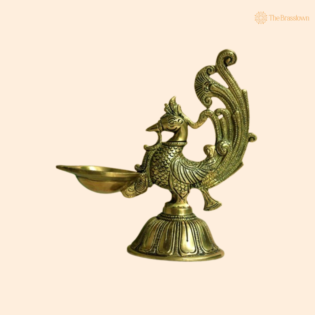 Graceful Brass Peacock Diya Lamp 7.5 Inch