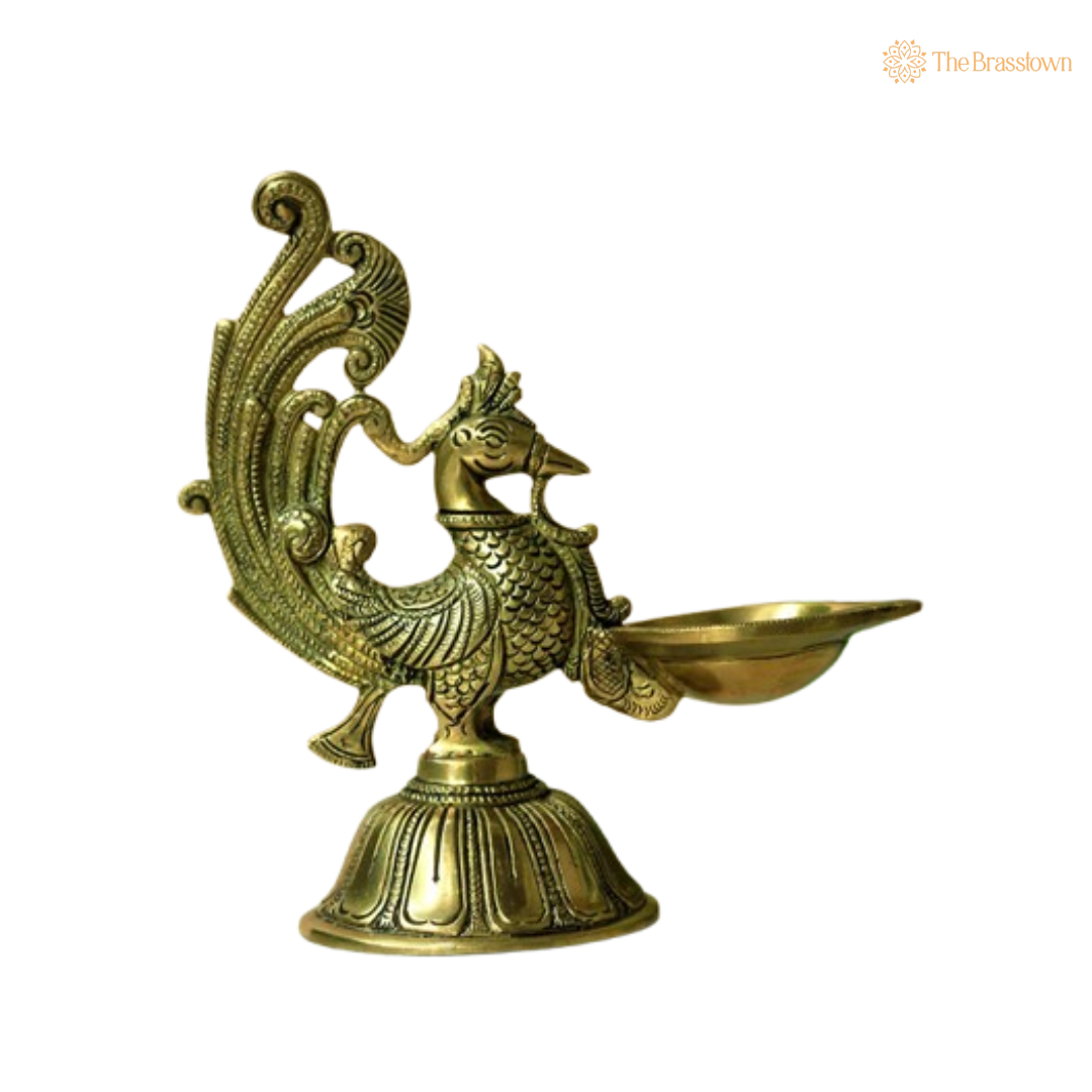Graceful Brass Peacock Diya Lamp 7.5 Inch