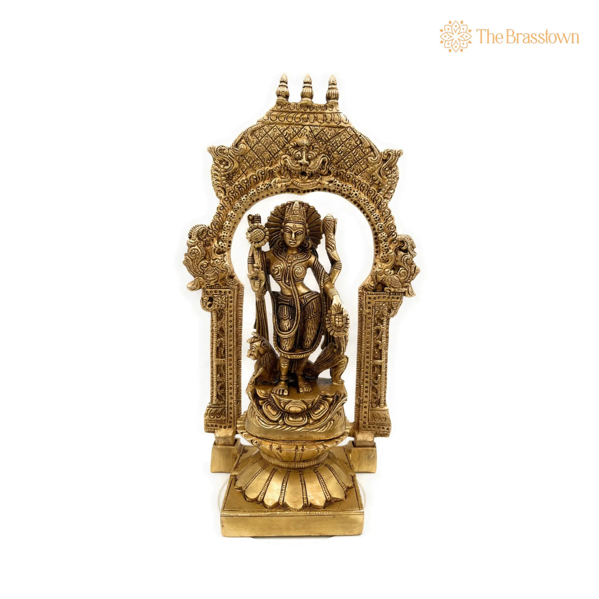 Handcrafted Brass Durga Devi Idol – on Lotus Chowki with Temple Prabhavali, Mahishasuramardini, Adi Shakti 10.5 Inch 2