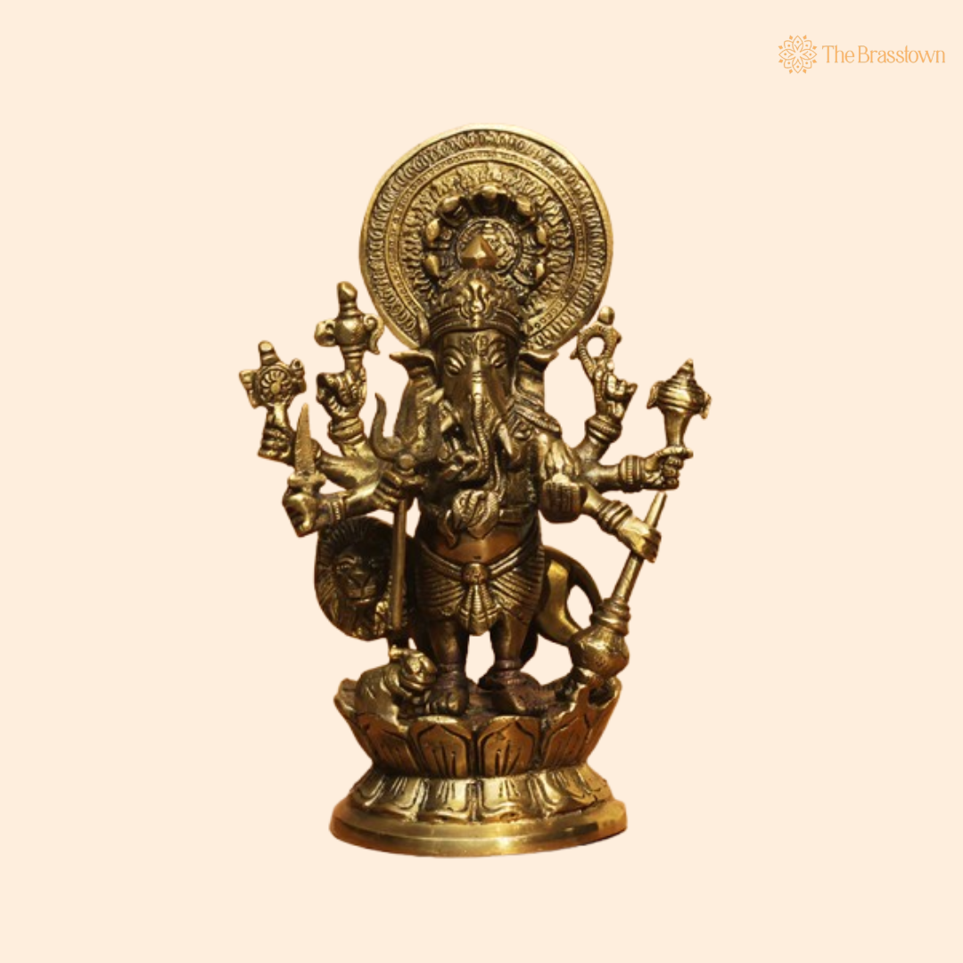 Handcrafted Brass Ashta-Bhuja Ganesha Statue 9 Inch